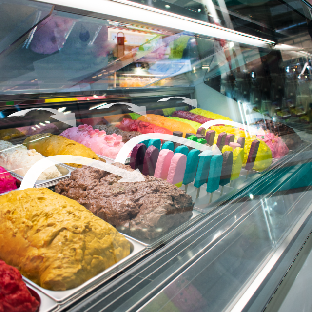 Vitrina de gelados SCOOP, sistema de refrigera&ccedil;&atilde;o ventilado de duplo canal de ar.